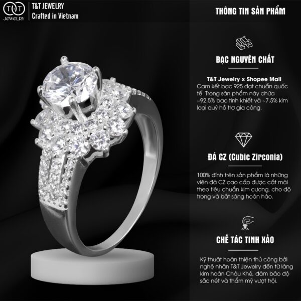 Nhẫn Bạc Nữ Bông Hoa Nữ Hoàng Quyền Quý Đính Đá CZ Siêu Sáng Sang Trọng T&T Jewelry NN019 - Ảnh 3