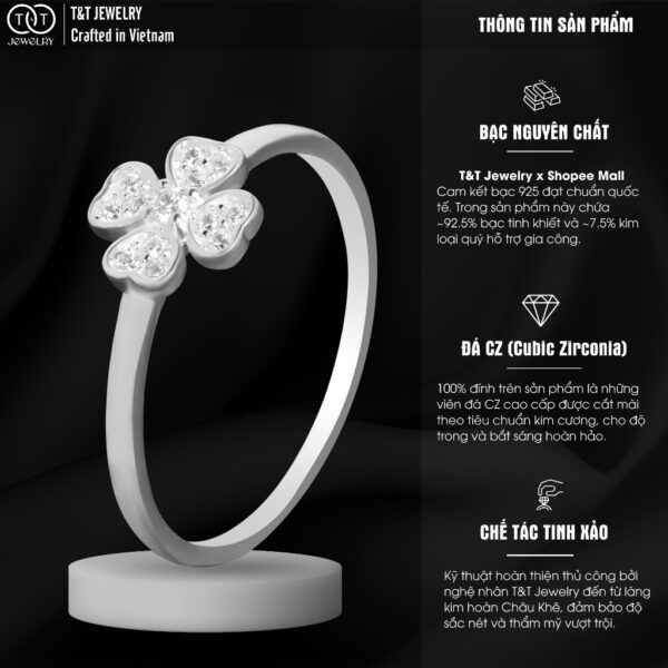 Nhẫn Bạc Nữ Cỏ Bốn Lá May Mắn Tinh Khôi Đính Đá CZ Tinh Tế T&T Jewelry NN065 - Ảnh 3