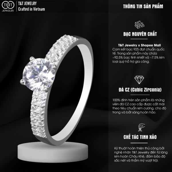 Nhẫn Bạc Nữ Đá Chủ Tròn, Lấp Lánh Viền Đá Tấm Sang Trọng Tinh Xảo T&T Jewelry NT2368 - Ảnh 3