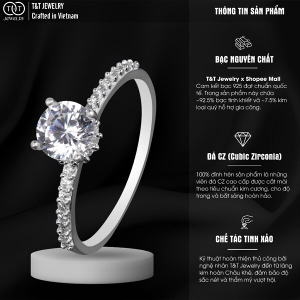 Nhẫn Bạc Nữ S925 Đá Chủ Tròn Rực Rỡ Viền Đá Tấm Tinh Tế Sang Trọng từ T&T Jewelry NT23692 - Ảnh 3