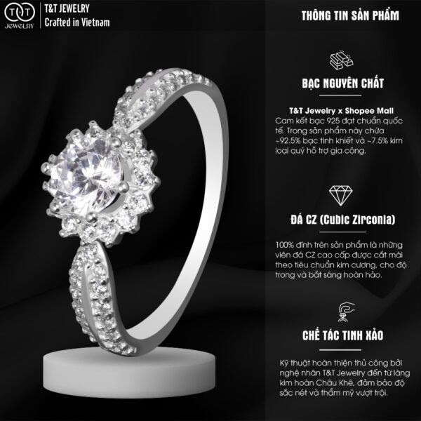 Nhẫn Bạc Nữ Hào Quang Nữ Hoàng Đính Đá CZ Tinh Xảo Quyền Lực T&T Jewelry NT041 - Ảnh 4