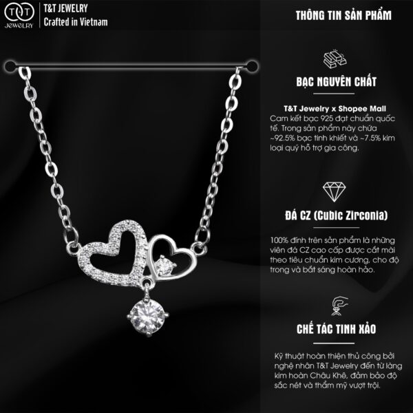 Dây Chuyền Nữ Bạc Ý S925 Tim Đôi Đá Chủ Thanh Lịch - T&T Jewelry DC031 - Ảnh 3
