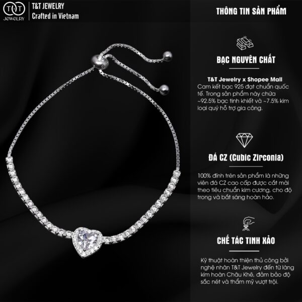 Lắc tay Bạc Nữ S925 Trái Tim Lấp Lánh Tinh Xảo Có Thể Điều Chỉnh Cỡ Tay từ T&T Jewelry LT54257 - Ảnh 3