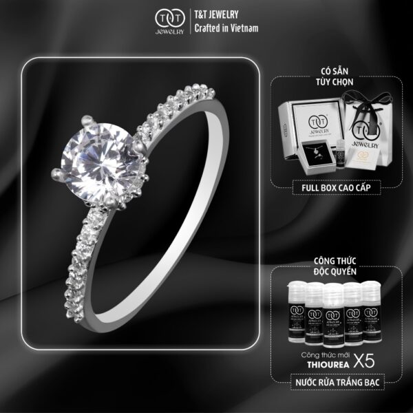 Nhẫn Bạc Nữ S925 Đá Chủ Tròn Rực Rỡ Viền Đá Tấm Tinh Tế Sang Trọng từ T&T Jewelry NT23692