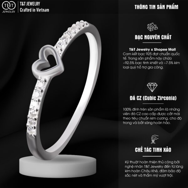 Nhẫn Bạc Nữ Trái Tim Tối Giản Đính Đá CZ Tinh Tế Viền Cong Mềm Mại T&T Jewelry NT28253 - Ảnh 4