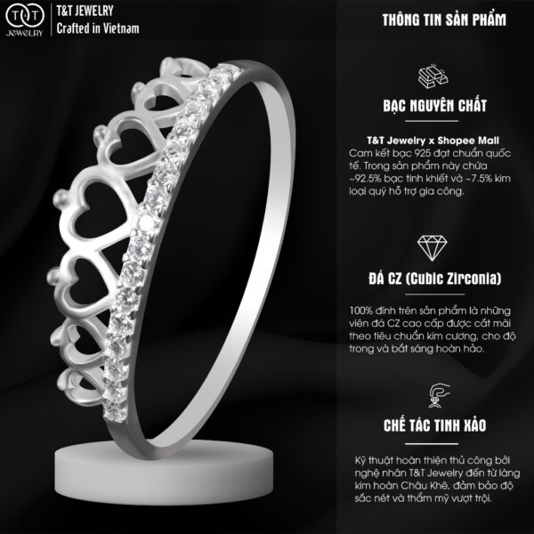 Nhẫn Bạc Nữ Vương Miện Trái Tim Thanh Lịch - Tinh Tế - Tinh Xảo T&T Jewelry NT28257 - Ảnh 4