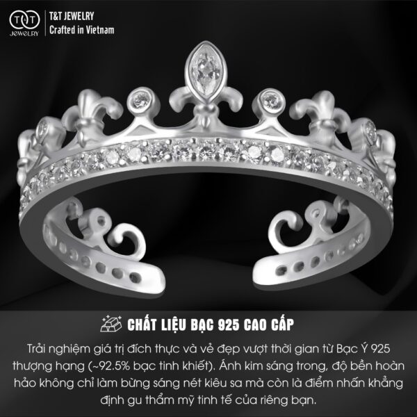 Nhẫn Bạc Nữ FreeSize Vương Miện Nữ Hoàng Kiêu Hãnh Đính Đá CZ Quyền Rũ Tinh Xảo T&T Jewelry NT58259 - Ảnh 3