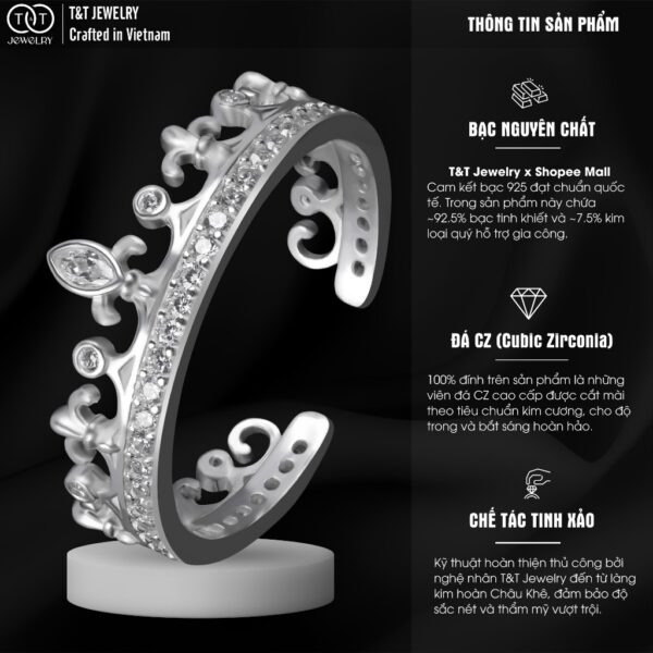 Nhẫn Bạc Nữ FreeSize Vương Miện Nữ Hoàng Kiêu Hãnh Đính Đá CZ Quyền Rũ Tinh Xảo T&T Jewelry NT58259 - Ảnh 4