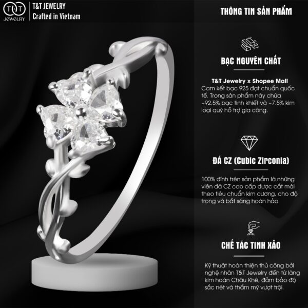 Nhẫn Bạc Nữ Tinh Xảo Thiết Kế Cỏ Bốn Lá Trái Tim Đan Xen Tinh Xảo, Lấp Lánh T&T Jewelry NT282561 - Ảnh 4