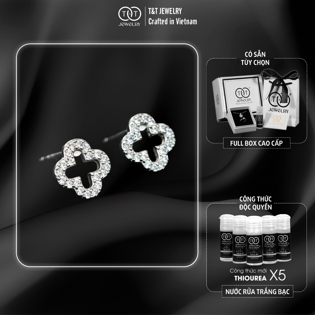 Bông Tai Bạc Nữ Vũ Khúc Tứ Diệp Rỗng Viền Đá CZ Lấp Lánh S925 – T&T Jewelry B02
