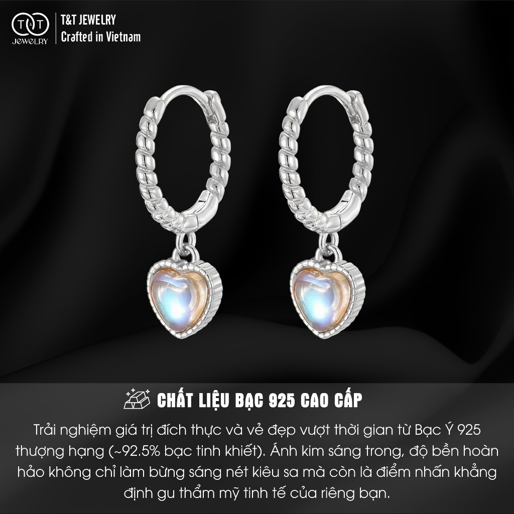 Bông Tai Bạc Nữ Trái Tim Ánh Trăng Huyền Ảo, Tòng Teng Kiểu Vòng Xoắn Cổ Điển Quý Phái T&T Jewelry B13 - Ảnh 3