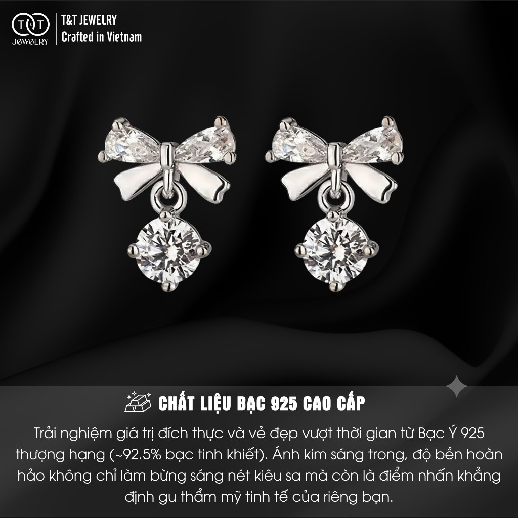 Bông Tai Bạc Nữ Giai Điệu Duyên Dáng Đính Đá CZ Lấp Lánh Kiểu Nơ Treo Tinh Tế T&T Jewelry B16 - Ảnh 2