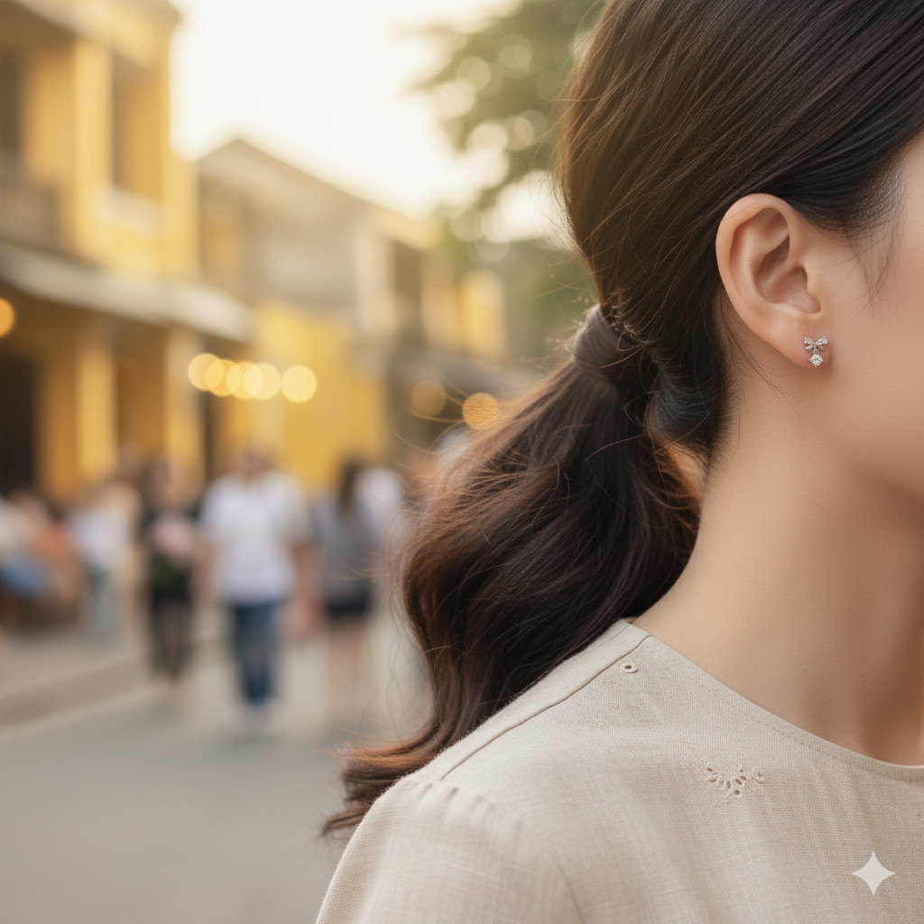 Bông Tai Bạc Nữ Giai Điệu Duyên Dáng Đính Đá CZ Lấp Lánh Kiểu Nơ Treo Tinh Tế T&T Jewelry B16 - Ảnh 6