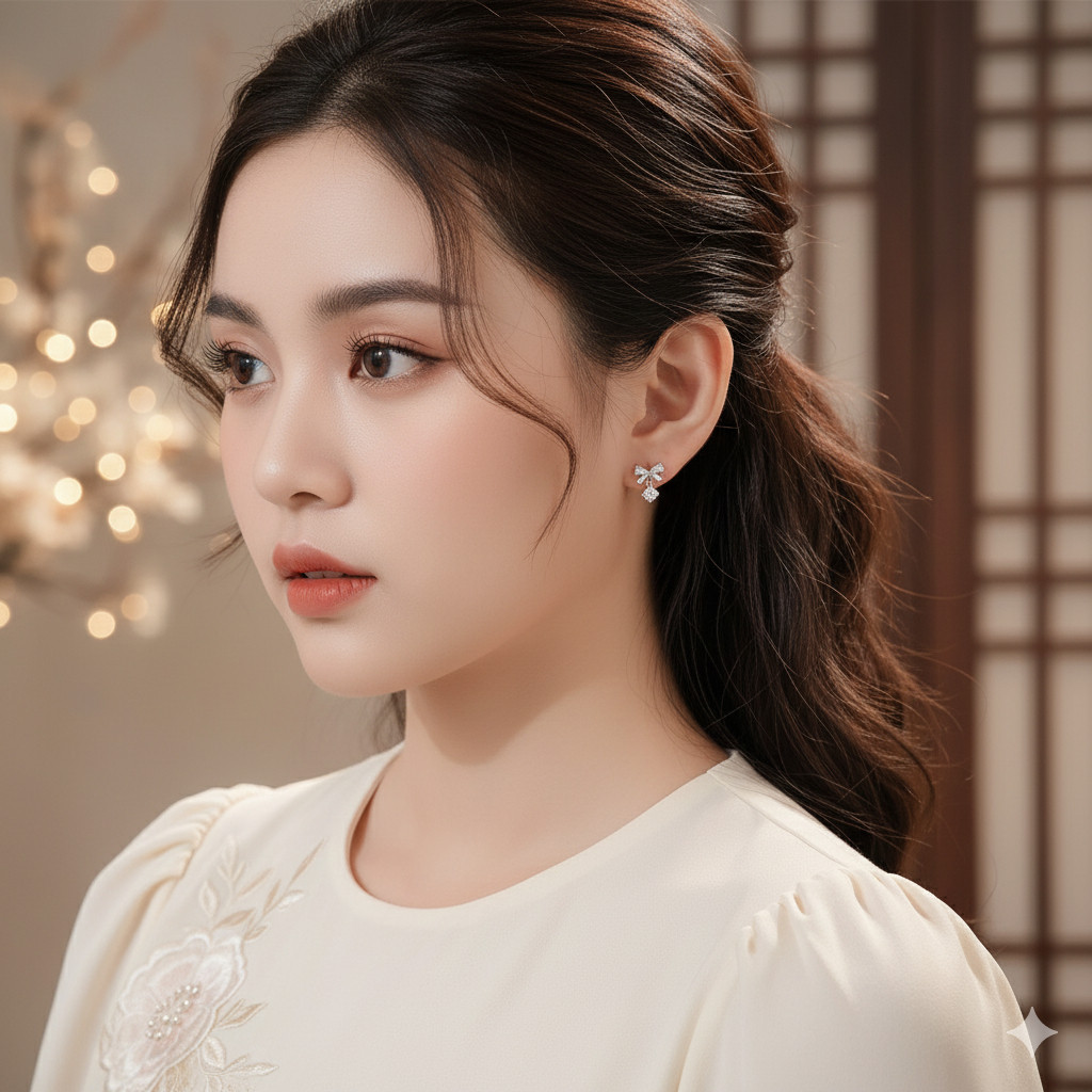 Bông Tai Bạc Nữ Giai Điệu Duyên Dáng Đính Đá CZ Lấp Lánh Kiểu Nơ Treo Tinh Tế T&T Jewelry B16 - Ảnh 8