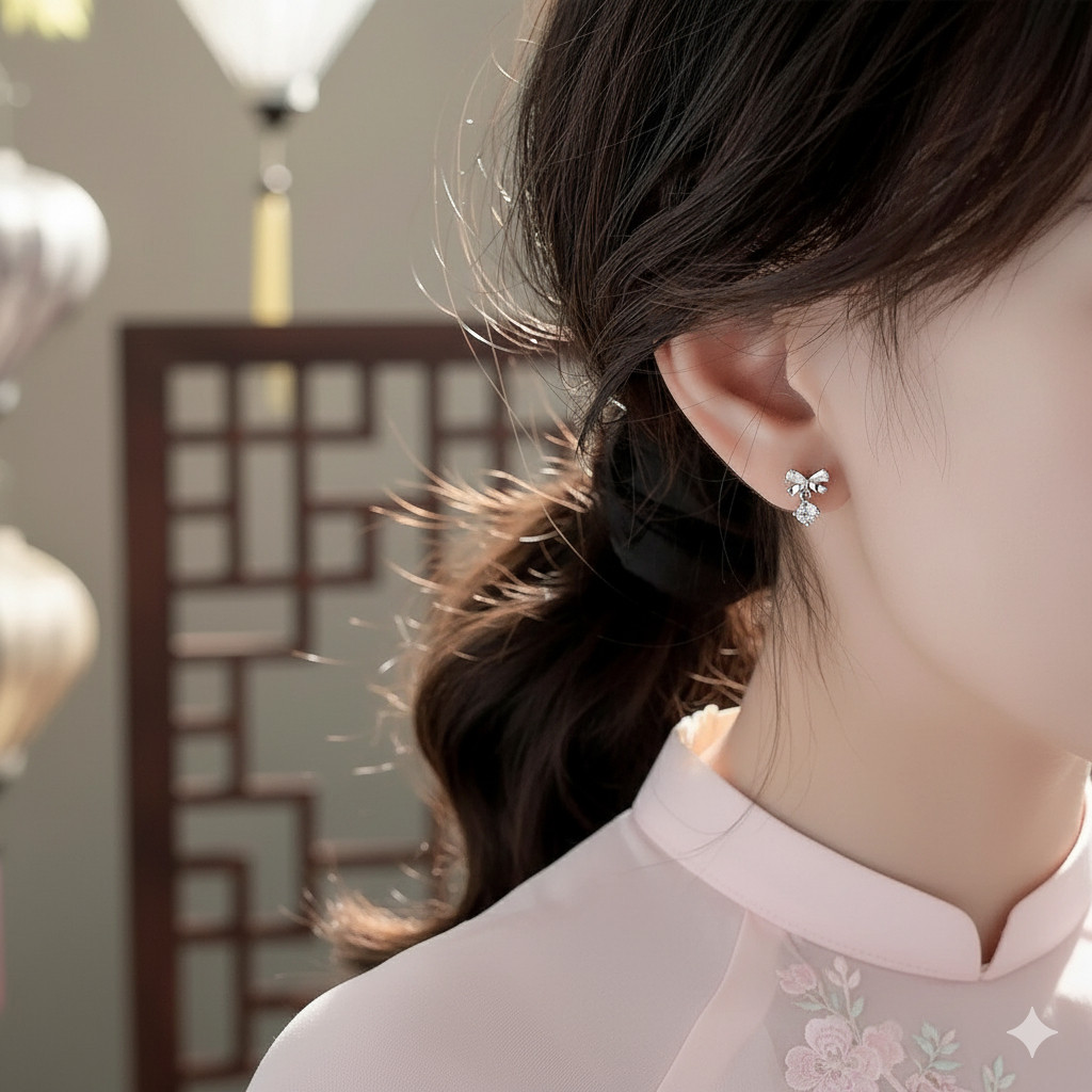 Bông Tai Bạc Nữ Giai Điệu Duyên Dáng Đính Đá CZ Lấp Lánh Kiểu Nơ Treo Tinh Tế T&T Jewelry B16 - Ảnh 5