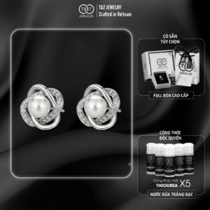 Bông Tai Bạc Nữ Nút Thắt Kiêu Sa Ôm Ngọc Trai Đính Đá CZ Sang Trọng T&T Jewelry B19