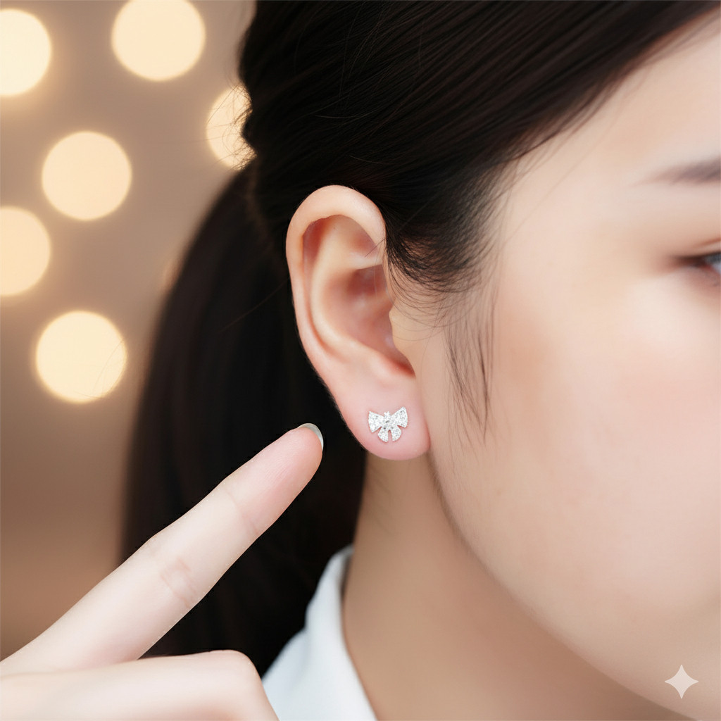 Bông Tai Bạc Nữ Nơ Tiểu Thư Đính Full Đá CZ Lấp Lánh Tinh Xảo T&T Jewelry B21 - Ảnh 5