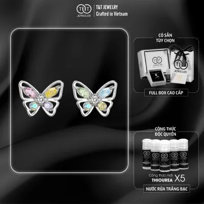Bông Tai Bạc Nữ Hồ Điệp Giao Hưởng Sắc Màu Đính Đá CZ Đa Sắc Lộng Lẫy T&T Jewelry B08