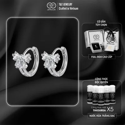 Bông Tai Bạc Nữ Nơ Pha Lê Ngọt Ngào Đính Đá CZ Kiểu Vòng Ôm Lấp Lánh T&T Jewelry B12