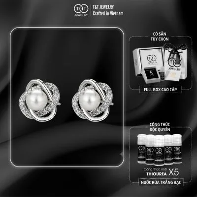 Bông Tai Bạc Nữ Nút Thắt Kiêu Sa Ôm Ngọc Trai Đính Đá CZ Sang Trọng T&T Jewelry B19