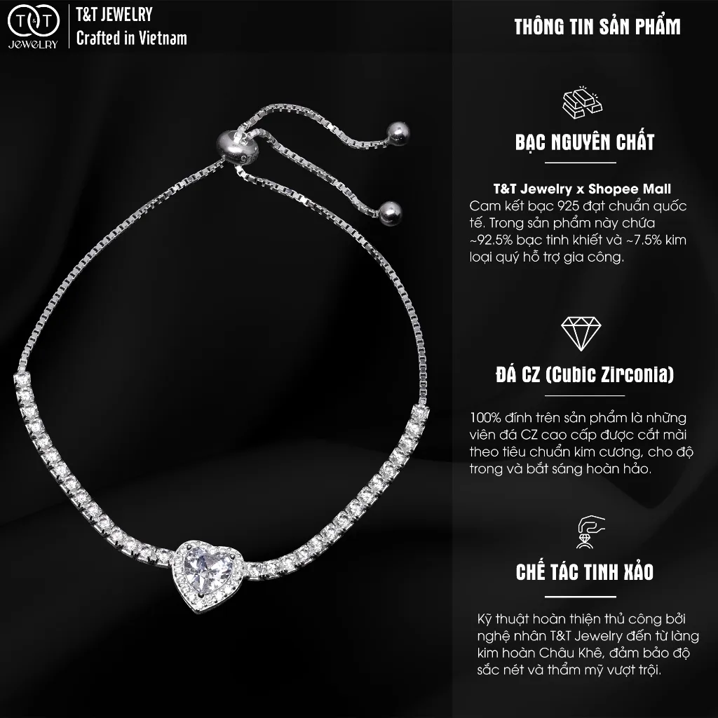Lắc tay Bạc Nữ S925 Trái Tim Lấp Lánh Tinh Xảo Có Thể Điều Chỉnh Cỡ Tay từ T&T Jewelry LT54257 - Ảnh 2