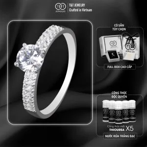 Nhẫn Bạc Nữ Đá Chủ Tròn, Lấp Lánh Viền Đá Tấm Sang Trọng Tinh Xảo T&T Jewelry NT2368