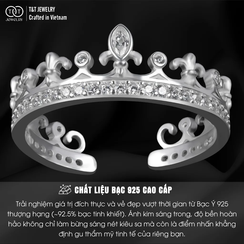 Nhẫn Bạc Nữ FreeSize Vương Miện Nữ Hoàng Kiêu Hãnh Đính Đá CZ Quyền Rũ Tinh Xảo T&T Jewelry NT58259 - Ảnh 3
