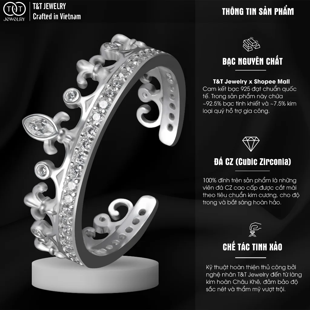 Nhẫn Bạc Nữ FreeSize Vương Miện Nữ Hoàng Kiêu Hãnh Đính Đá CZ Quyền Rũ Tinh Xảo T&T Jewelry NT58259 - Ảnh 4