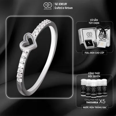 Nhẫn Bạc Nữ Trái Tim Tối Giản Đính Đá CZ Tinh Tế Viền Cong Mềm Mại T&T Jewelry NT28253